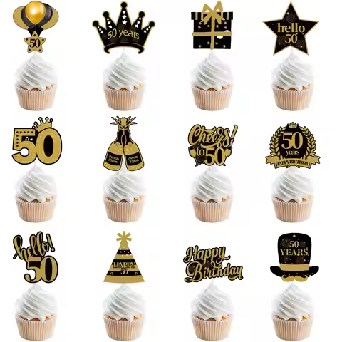 18 21 30 40 50 60 70 80th Black Gold Birthday Party Adult Cupcake Topper 30 40 50 Years Old Birthday
