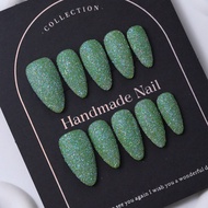 Handmade Almond Shaped Nail Stickers In A Green Y2K Style & Hand Painted Glitter Gradient Design For