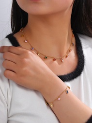 2 ชิ้น/เซ็ต ดีลักซ์ สง่างาม เครื่องประดับ สแตนเลส ชุบทอง 18K โดปามีน สีรุ้ง / สีสันหลากหลาย เพชรคิวบ