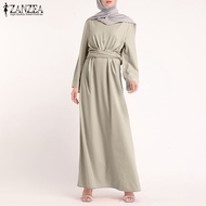ZANZEA Women Long Sleeve Irregular Belted Swing Muslim Long Dress