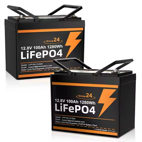 2pc 12V 100Ah LiFePO4 Battery 21.9lb 15000Cycle 4S4P Expandable 100A BMS Group24 RV Marine OffGrid S