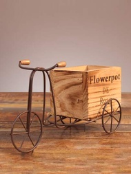 1入組自行車花盆迷人木頭自行車花盆裝飾三輪車花支撐架適用於家庭花園