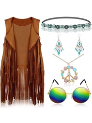60s 70s Outfits For Women Hippie Costume Accessories Fringe Vest Sunglasses Necklaces Earring Headba