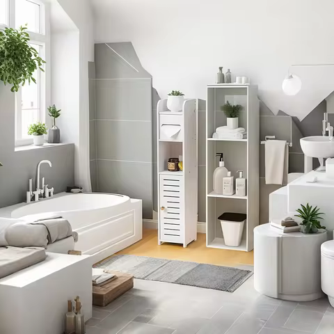 White Bathroom Slim Gap Storage Cabinet with Rotatable Toilet Paper Holder, Narrow Space Organizer f