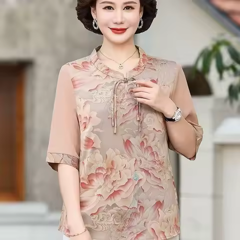 Women's Peony Print Mandarin Collar Blouse 3/4 Sleeve Silk Blend Casual Shirt