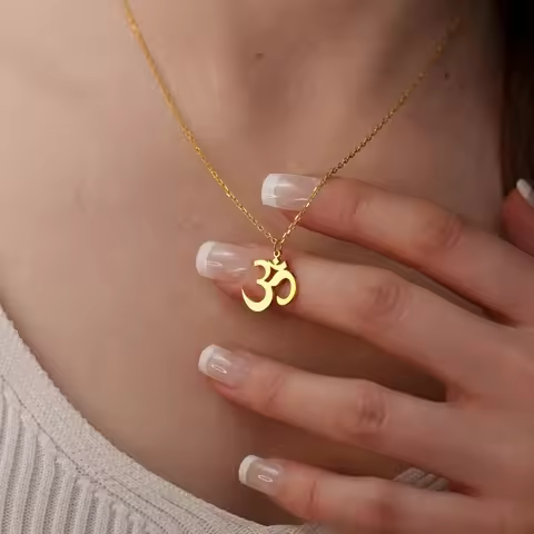 Stainless Steel Yoga Om Necklace for Women Gold Plated Aum Sanskrit Yoga Chakra Pendant Jewelry Moth