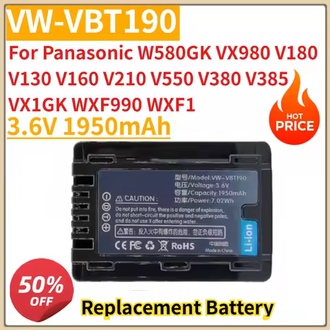 New VW-VBT190 Camera Battery 3.6V 1950mAh for Panasonic W580GK VX980 V180 V130 V160 V210 V550 V380 V