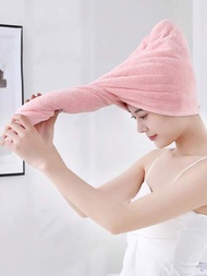 1入組荷花粉珊瑚絨快幹吸水髮巾,配有熊熊扣,適用於長髮女性沐浴、化妝、spa、家庭、旅行、髮吹帽