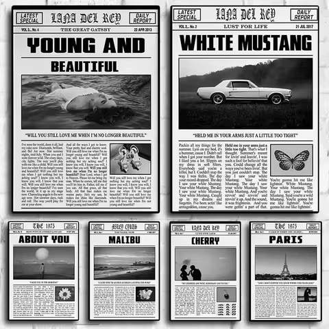 Black and White Lana Del Rey Newspaper Poster Aesthetic Singer Canvas Painting Print Wall Art for Ho