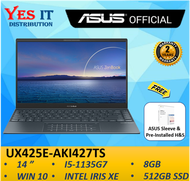 Asus ZenBook 14 UX425E-AKI427TS 14'' FHD Laptop Grey ( I5-1135G7, 8GB, 512GB SSD, Intel, W10, HS, 2YW ) FREE SLEEVE