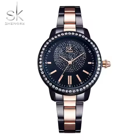 Shengke Rose Gold Relogio Feminino Japanese Quartz Watch For Women Crystal Luxury Black Women's Watc