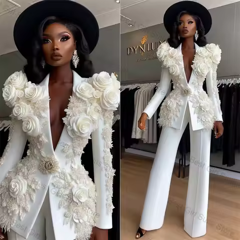 White Luxury Women Suit Set 2 Pcs Blazer+Pants Trousers 3D Flower Beaded Formal Office Jacket Custom