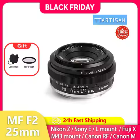 TTArtisan 25mm F2 MF Mirrorless Camera Lens for Canon RF Nikon Z Sony E Fujifilm XF Panasonic Olympu