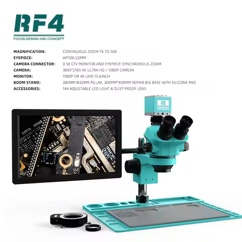 RF4 7-50X Trinocular Stereo 4K HDMI USB Camera 15.6 Inch Monitor Electronic Repair/Lab/ Jewelry Micr
