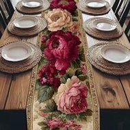 1pc Elegant Floral Table Runner, Suitable For Beige And Burgundy Tones Peony Pattern, Applicable For