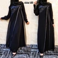 Abaya Hitam Turkey Lengan Panjang Bahan Jatuh Jetblack Premium  Mewah Arabian Saudia Abaya Dubai 480 Gamis Lebaran Kondangan Pesta Mewah Fashion Wanita Muslim Trendy- XELLEA