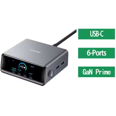 Anker Prime Charger, 250W / 200W GaN Prime USB C Charging Station, Ultra-Fast 6-Port, 2.26" LCD Disp