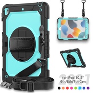 For iPad 10.2 9th 8th 7th Gen 2019/2020/2021 Shockproof Hard PC Soft Silicone Rotating Stand Full Protection Built in Screen Protector Film &amp; Shoulder Strap Tablet Case Cover