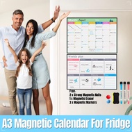 A3 Magnetic Calendar Whiteboard for Fridge - Weekly/Monthly Planner with 3 Markers + Eraser & 2 Magn