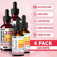 (4-PACK)WellnessBundleVitaminB12&D3K2LiquidEdibleDropswithB6,B1,Niacin&FolateforEnergy,Brain&Heart-R