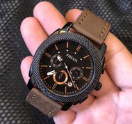 FOSSIL MACHINE THREE-HAND CHRONOGRAPH LEATHER WATCH With Date Analog Quartz Japan Made Water Resistant