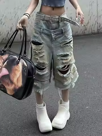 American Washed Ripped Old Denim Cropped Pants Baggy Jeans Women Street Straight Loose Jeans Wide-le