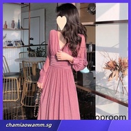 [Ready Stock] Korean V Neck Sparkling Long Dress Waist Design Pleated Temperament Long Sleeve Muslim