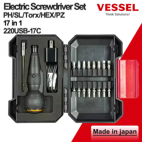 VESSEL 17PCS Electric Screwdriver with Bit Set PH/SL/Torx/HEX/PZ Ball Grip USB Charge with LED Light