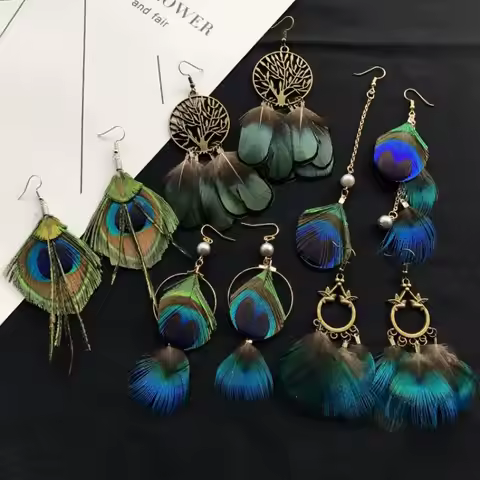 Unique Feather Earrings Imitation Peacock Feathers Vintage Earrings Exaggerate Boho Earrings Stateme