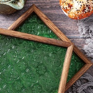 [Ready Stock] Retro Begonia Flower Green Glass Tray Solid Wood Tea Tray Creative Wood Small Fruit Tr