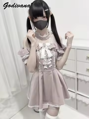 Japanese Style Mass-Produced Mine Ruffled Lace Off-the-Shoulder Rhinestone Bow Short Sleeve Dress Sh