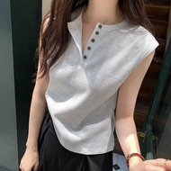 75904 Sports Casual Waffle Button Sleeveless T-Shirt Top