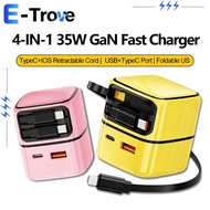 35W USB+Type C Phone Charger 4-IN-1 Foldable GaN Wall Charge Head Type C+IOS Retractable Cable US Po