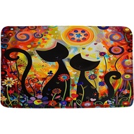 Mid Century Black Cat Bath Mat Colorful Oil Painting Boho Floral Funny Cat Modern Abstract Art 17.8"