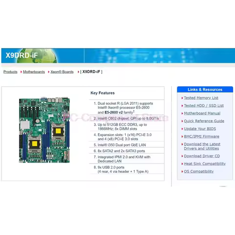 Server Motherboard LGA2011 E5-2600 Family C602 ECC DDR3 PCI-E3.0 SATA3 SAS2 IPMI2.0 Dual port GbE LA