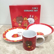 [LIMITED] Original Line Friends Bowl Plate Cup 3 in 1 CNY Ceramic Set by Unilever Red Chinese New Ye