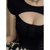 low cut top 300jin Short-sleeved Sexy Tight Top Women's Low-cut Hollow-out Pure Desire T-shirt Spice