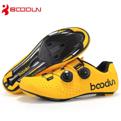 Boodun Carbon Fiber Road Cycling Shoes Black Red Yellow Double Spine Buckle Ultralight Bicycle Shoes