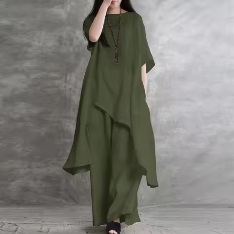 Women's Cotton Linen 2-piece Sets Large Size Casual Wear Sportswear Suit Short-Sleeved O-Neck Top Wi