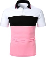 Men's All Over Print Contrast Trim Short Sleeve Polo T Shirt Tops Black Pink M