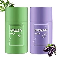 2 x Green Mask Clay Stick, Green Tea Purifying Clay Green Mask, Oil Control, Anti-Acne Aubergine Firm, Fine, Moisturises and Controls the Oil, Acne Clearing, Blackhead Remover (Green Tea + Aubergine)