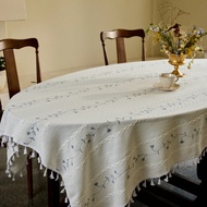 1pc Elegant Silver Embroidered Floral Tassel Tablecloth, Bohemian 3D Crochet Geometric Rectangular D