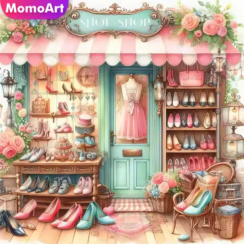Momoart 11CT Cross Stitch Kit Landscape Printed Canvas Embroidery Supplies Clothing Store Design New