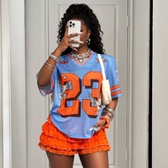 2025 Summer New Street Casual V-Neck Loose 23 Letters Bird Pattern T-Shirt + Multi-Layer Cake Ruffle