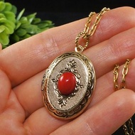 紅珊瑚金橢圓相片墜飾項鍊 珍藏墜飾項鍊 飾品