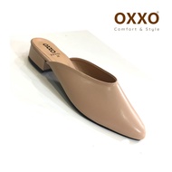 OXXO รองเท้าแฟชั่น รองเท้าส้นเตี้ย หุ้มหัวเปิดหลังทรงหัวแหลม หนังนิ่ม น้ำหนักเบาใสสบายเท้า FF9057