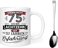 Gift Birthday 75th Mug with Spoon | Ich bin nicht 75 | 75th Birthday Man Woman Gift Ideas Joke Item 