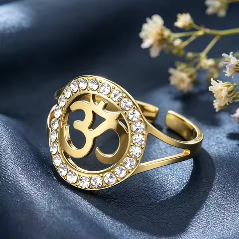 1PC Fashion Yoga Om Symbol Open Ring Stainless Steel Adjustable Ring Hollow OM Ring Minimalist Jewel