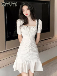 XIYUYI ชุดสตรีภาษาฝรั่งเศสคำสแควร์คอเอว Beach สวมชุดสีขาวกระโปรงสั้น 2024ชุดไทยเด็กหญิง