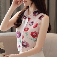Women Clothes 2024 Women Summer Blouses Sleeveless Floral Print Chiffon Blouse Office Ladies Tops Wo